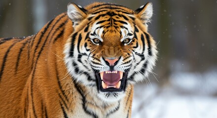 Obraz premium Majestic tiger roaring in winter snowy forest setting