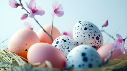 Easter. Easter colorful eggs in a basket decorated with flowers	