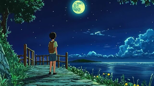 Young boy gazes at full moon over serene lake at night while standing on a tranquil pathway surrounded by nature