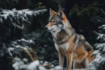 Fototapeta premium Wolf sitting in a snowy forest, gazing into the distance and attentively observing its serene surroundings amidst the tranquil winter landscape