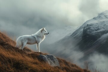 Majestic white wolf standing on a mountain slope, observing the foggy valley below, in a breathtaking display of wildlife and nature