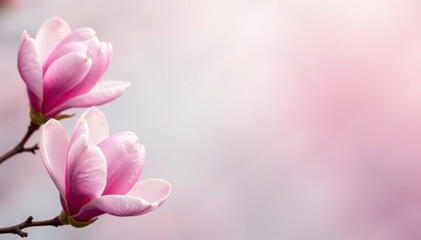 Obraz premium Pink spring magnolia flowers against a light background, pastel, branches, colors