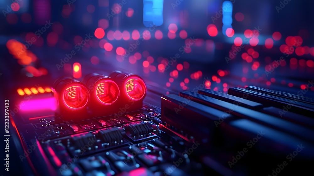Aufkleber futuristic computer circuit board with glowing red leds and lights