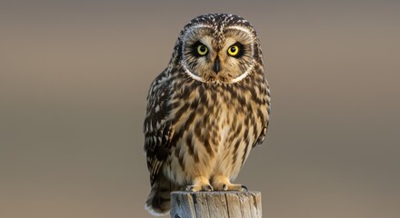 Short-eared owl perched on wooden post in natural habitat at dawn