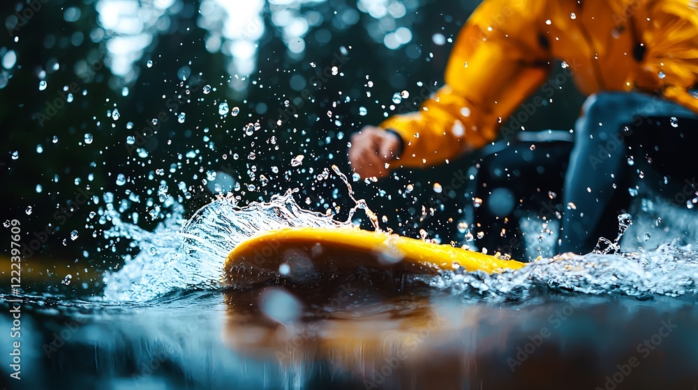 Aufkleber dynamic surfing action with splashing water in a forest setting