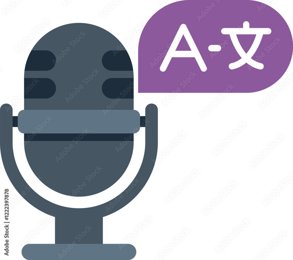 Poster microphone is translating audio recording from one language to another with speech bubble showing tr