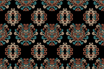 Carpet ikat floral pattern,fabric pattern on navy blue background vector illustration.Ikat ethnic oriental embroidery.Aztec style,abstract background.design for texture,clothing,decoration,carpet,rug.