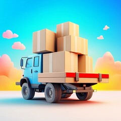 Logistic concept. Colorful truck loaded with boxes against a vibrant sky background.