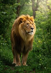 Fototapeta premium Majestic lion prowls through verdant jungle capturing essence of wilderness and strength