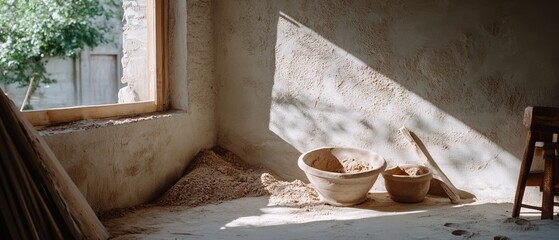 Sunlight pours through a rustic window, casting a serene glow on wooden bowls filled with flour, narrating a story of humble beginnings and artisanal work.