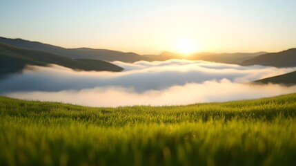 Obraz premium Tranquil Sunrise Over Foggy Hills and Lush Green Grasslands