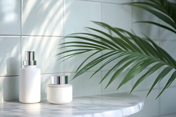 Fototapeta premium Cosmetic bottles with green leavesle countertop in bathroom. Space for text