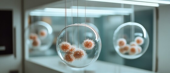 Fototapeta premium Delicate glass orbs encase spiky, pastel-hued objects, suspended in a serene, ambient setting with a reflective surface adding depth and tranquility.