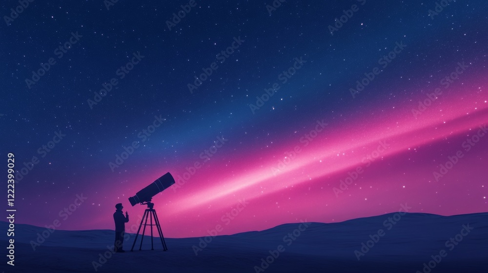 Poster celestial aurora silhouette astronomer with telescope under vibrant stars - experiential edtech visu