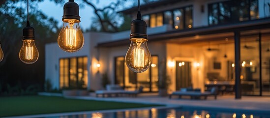 Obraz premium Evening Illumination: Backyard Oasis with Hanging Lights