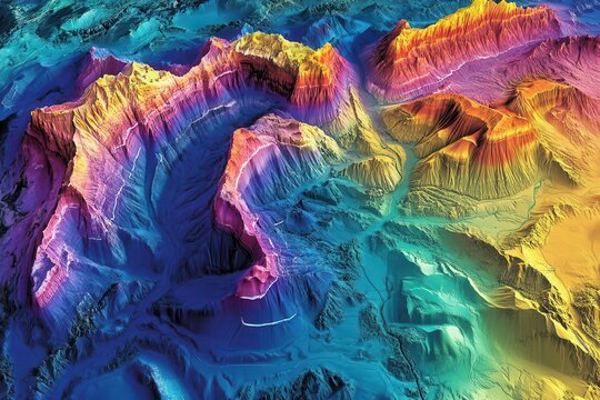 a vibrant 3d terrain visualization showing dramatic elevation changes, using rainbow spectrum colors, detailed contour lines, and photorealistic mountain ranges with satellite imagery overlay