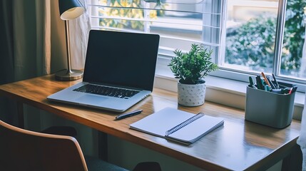 Cozy Home Office Workspace with Laptop, Notepad, and Green Plant
