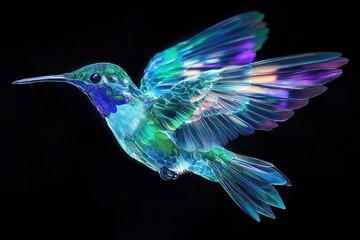 a vibrant hummingbird in flight, wings spread wide, iridescent emerald and sapphire feathers catching light, macro shot against velvet black background, crystalline detail
