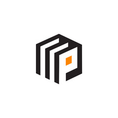 The image features a geometric abstract design formed by intersecting lines and shapes within a hexagonal frame. The design incorporates a small square in orange and suggests the letter "P" or a build