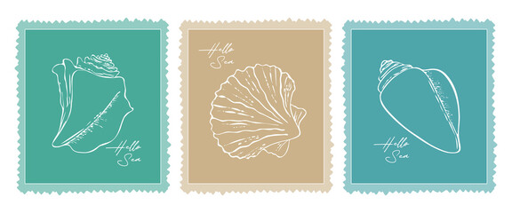 Hello Sea set of seashells drawn on stamps, summer vacation, sea vacation.