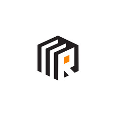 The image features a geometric abstract design formed by intersecting lines and shapes within a hexagonal frame. The design incorporates a small square in orange and suggests the letter "R" or a build
