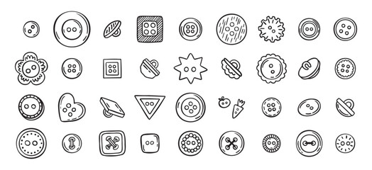 Sewing buttons line hand drawn doodle art icons set. Sewing accessories clothes various outline shapes. 