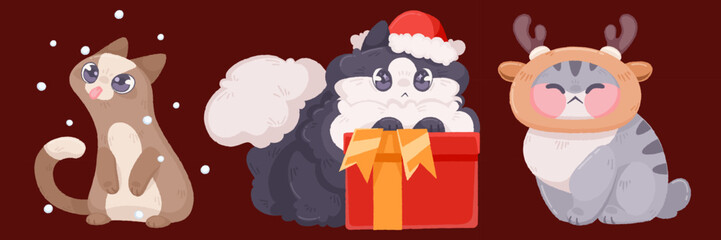 Christmas cats collection with holiday motifs - curious kitten catching snowflakes with tongue, fluffy pet in santa hat with present box, chubby kitty wearing reindeer headband. Cute xmas animals.