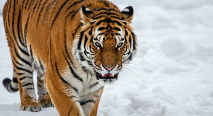 Obraz premium Majestic tiger walking in snowy landscape capturing wild grace and strength