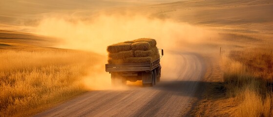 Fototapeta premium A truck carrying hay bales moves down a dusty rural road, enveloped in golden light, representing the rustic charm of country life.