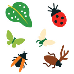 A cheerful and simple illustration showcasing various insects, including a ladybug, butterflies, and beetles, peacefully positioned against a vibrant green leaf