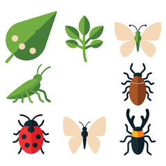 A collection of flat icons depicting various insects and plants