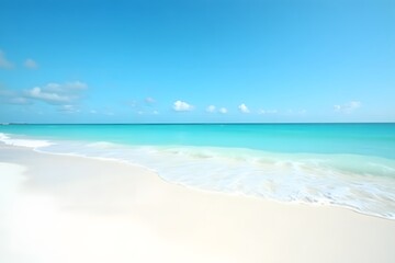 Obraz premium A pristine white sandy beach with gentle turquoise waves under a clear blue sky, wide-angle, 4K.