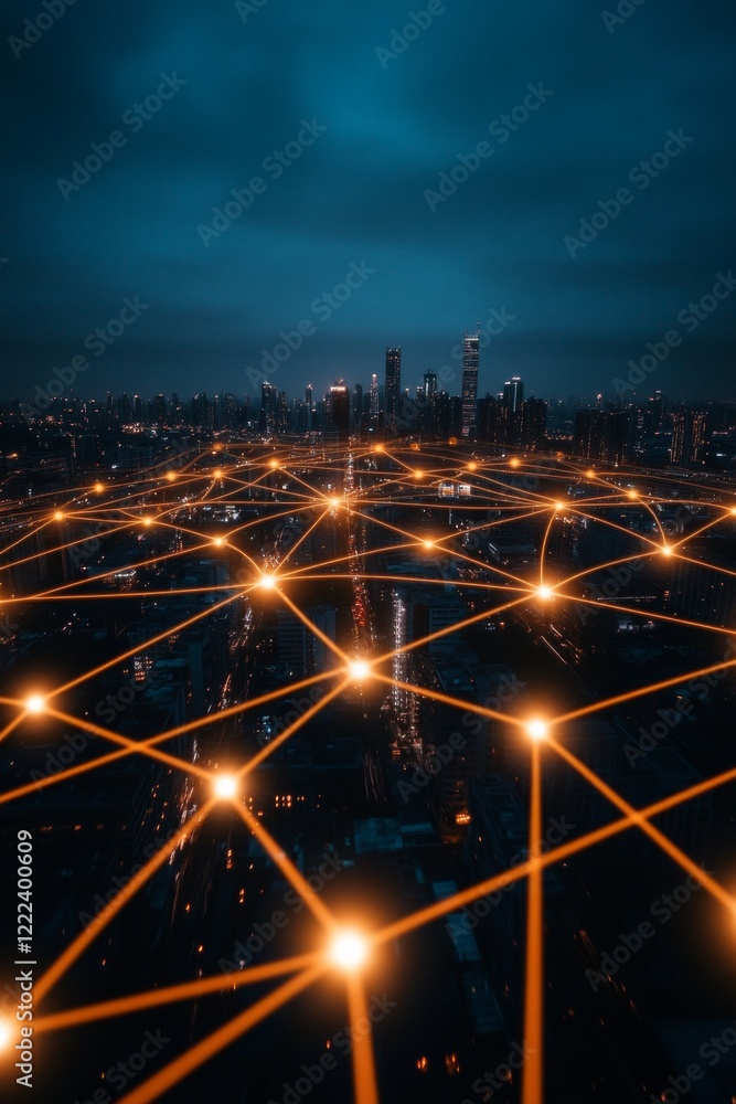 Poster futuristic cityscape with energy grid overlays illuminated skyscrapers in night sky - smart infrastr