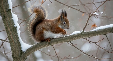 Fototapeta premium Red squirrel in winter forest: snowflakes and wildlife wonders on a snowy branch