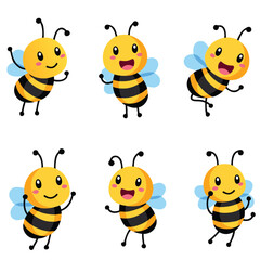 Obraz premium Six adorable cartoon bees in various poses, perfect for children's books, educational materials, or general use