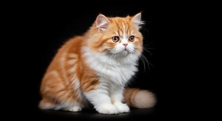 Fluffy orange and white kitten sitting on a black background