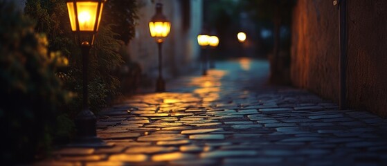 Fototapeta premium A quaint cobblestone street, warmly lit by vintage lamps, guides the way through a quiet, peaceful evening.