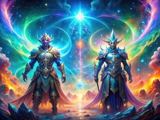 Astral arena glows; bokeh blurs the battle of ethereal spirits, a fantasy clash of celestial might.