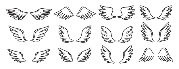 Angel wing doodle hand drawn icon set. Outline drawing angel wings line clipart symbol collection