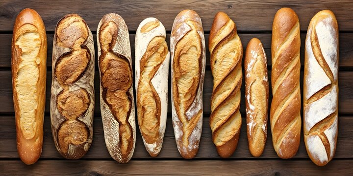 Assorted Crusty Breads on Wooden Table,  Variety of Baguettes and Loaves