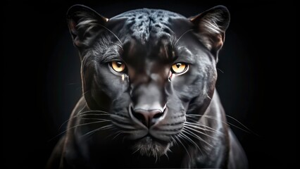 Obraz premium A striking black panther close-up, enhanced with a tilt-shift, dark backdrop. AI-generated wildlife image.