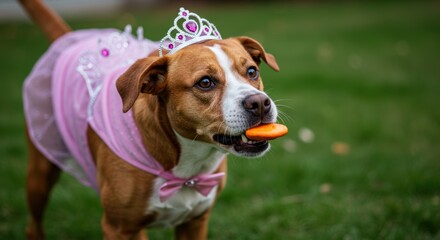 Adorable dog in pink princess costume enjoying a treat in a garden setting