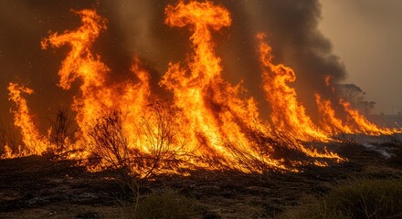 Intense wildfire flames engulf dry vegetation in dramatic environmental scene