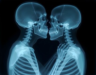 An X-Ray photograph of a couple of skeletons embracing and kissing