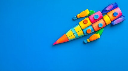 Fototapeta premium Colorful Clay Rocket Ship on Blue Background, Fun Kids Craft