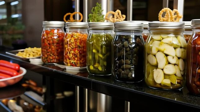 Colorful jars of preserved vegetables displayed.