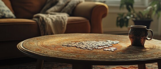 Obraz premium A puzzle being pieced together on a rustic coffee table, accompanied by a textured mug, exudes warmth and quiet comfort.