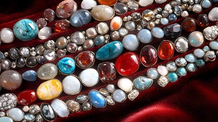 Vibrant Gemstone Rows on Velvet Fabric Detailed Closeup