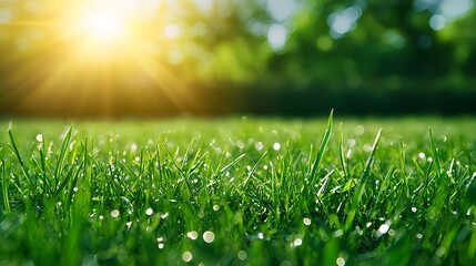Morning Sunlight Shining on Dewy Green Grass in Nature Scene