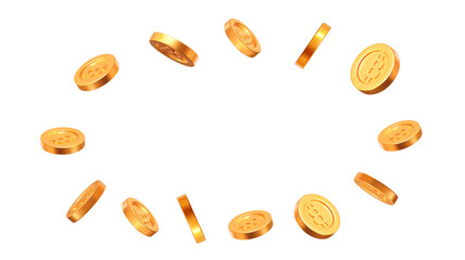 3d flying gold Bitcoins on white isolated background. Cryptocurrency, electronic payments and blockchain. Precious expensive treasure. Stock vector illustration.